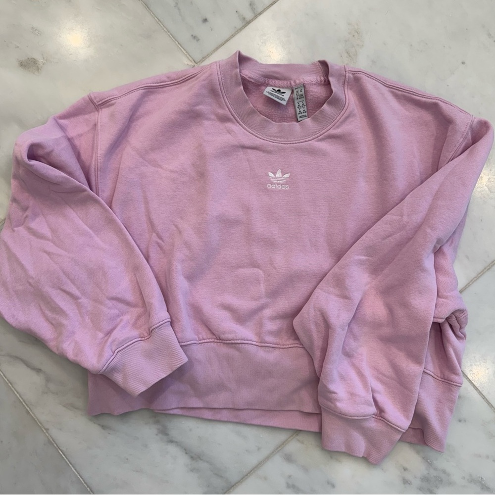 Adidas Women's Essentials Crew Neck Sweatshirt in Orchard Fusion (pink).